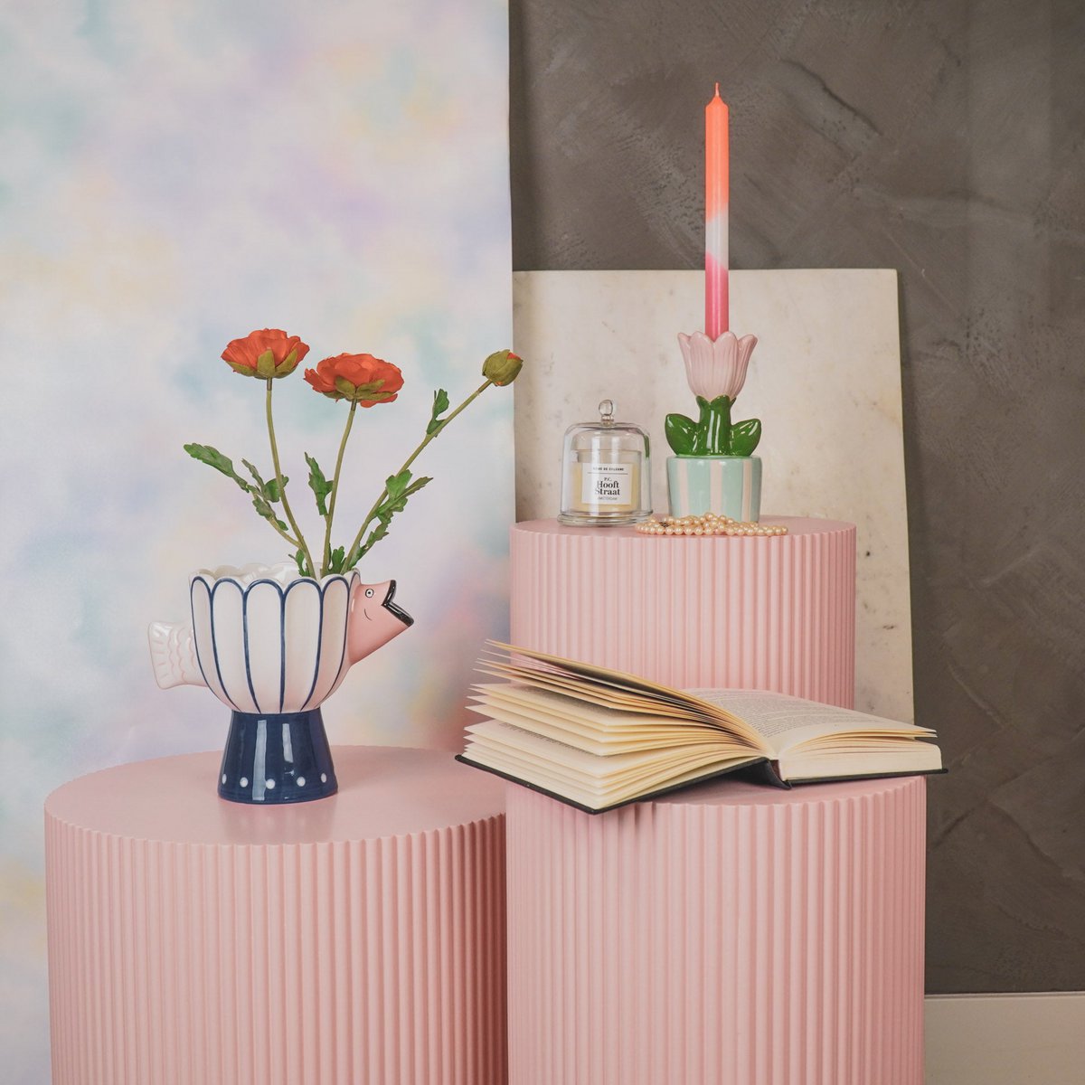 Housevitamin - Vaas - visdolomiet -BLUE/WIT/PINK -21X13.5X18CM