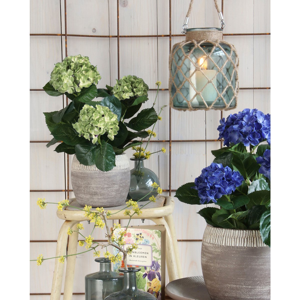 Glimmerdekorationen – Künstliche Hortensienpflanze im Blumentopf – H45 x Ø45 cm – Grün