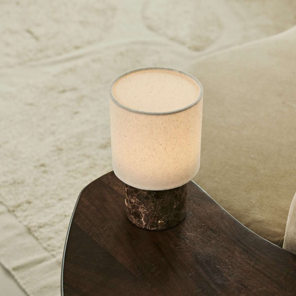 Tavellio-Amsterdam - Onoda Brown / Emperador Dark - Marmeren oplaadbare tafellamp - met linnen verwisselbare lampenkap en oplaadbaar ontwerp