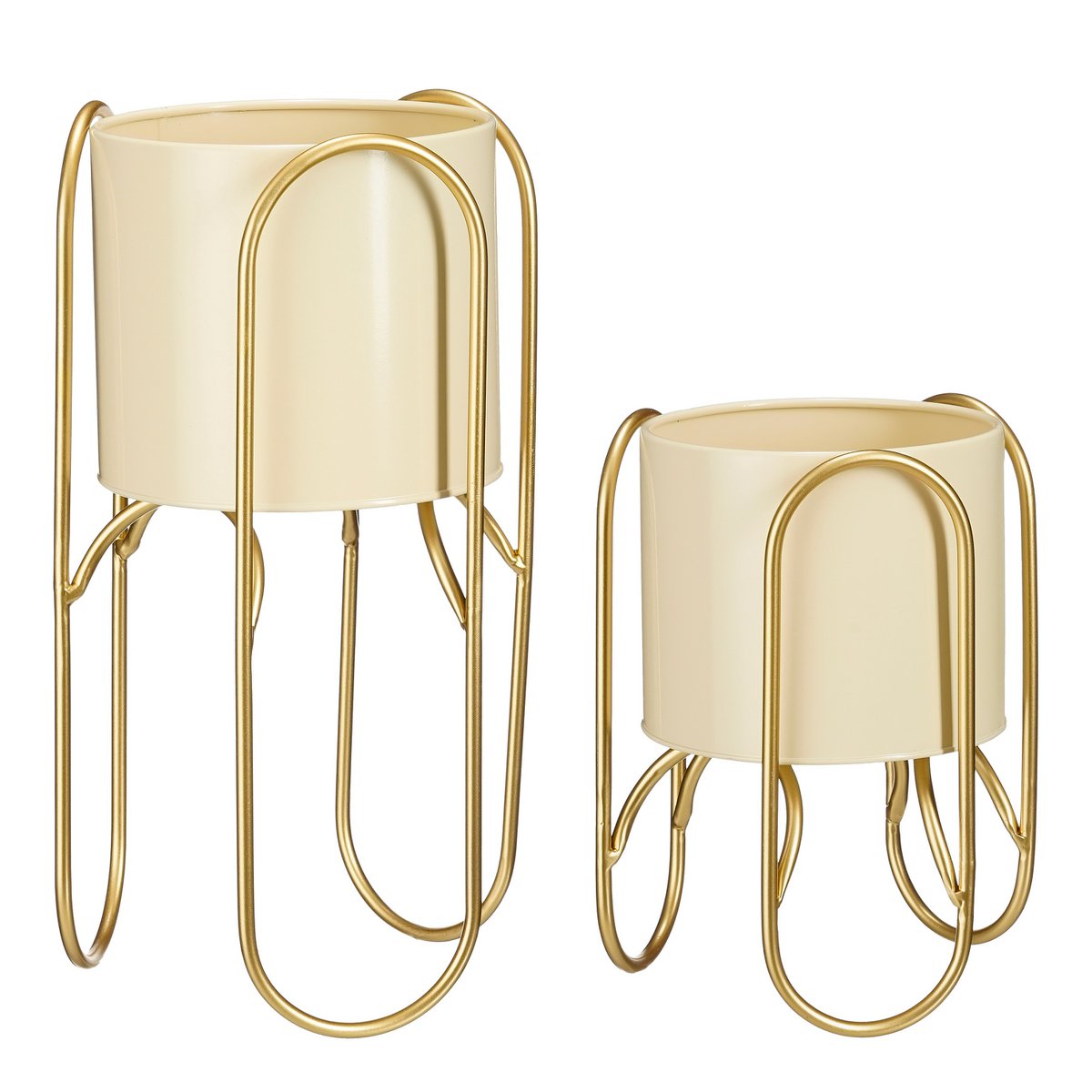 Mica Decorations - Donau Bloempot op Standaard - Set van 2 - Metaal - H45 x Ø23 cm - Lichtgeel, Goud