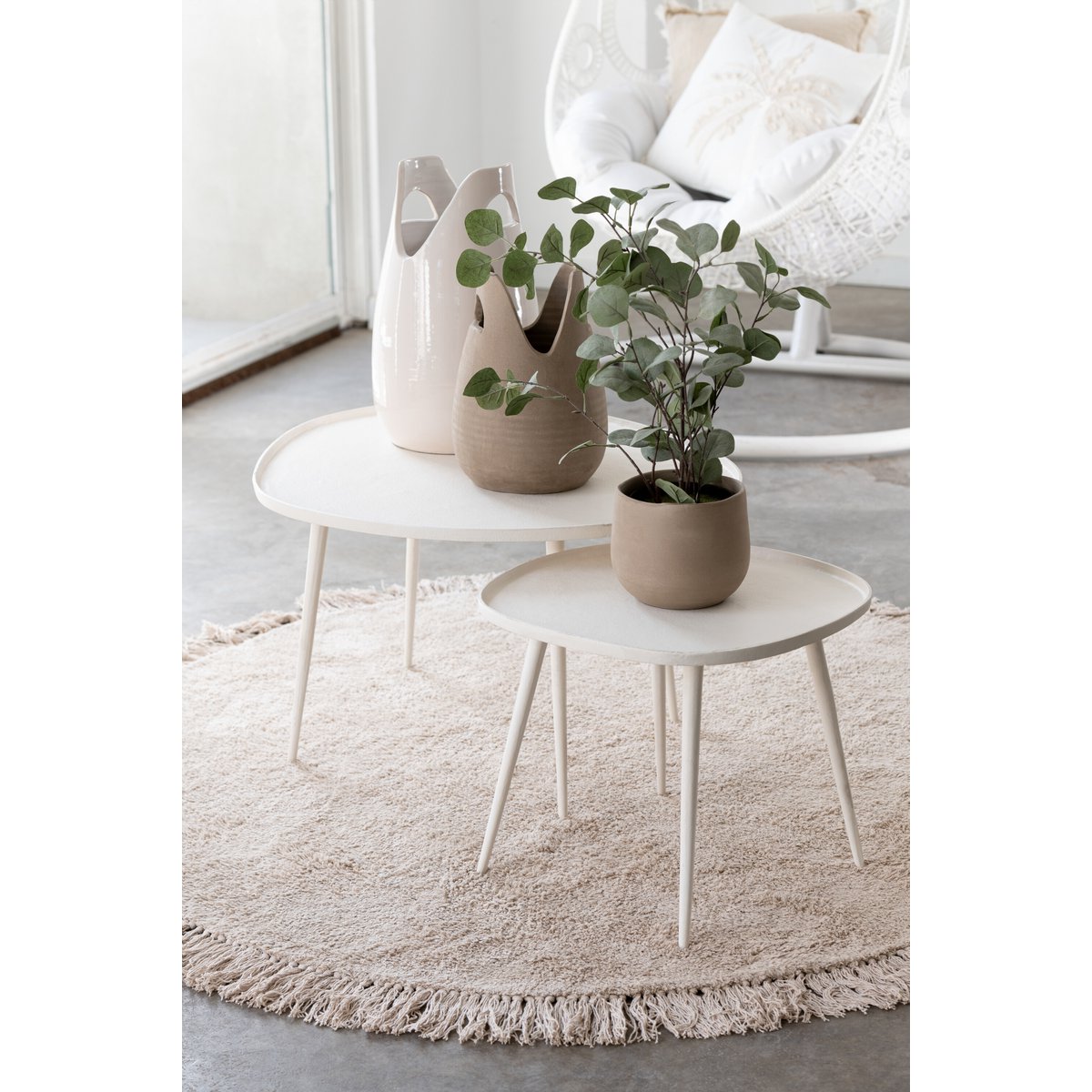 J-Line - Teppich rund + Fransen - Baumwolle - Beige