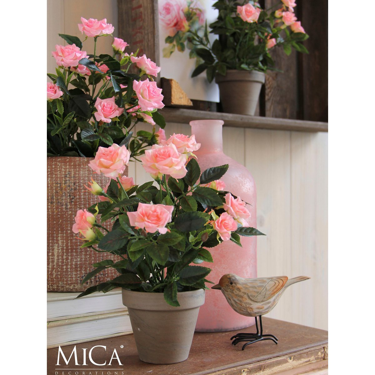 Mica Decorations - Rozenstruik Kunstplant in Bloempot Stan - H33 x Ø25 cm - Roze