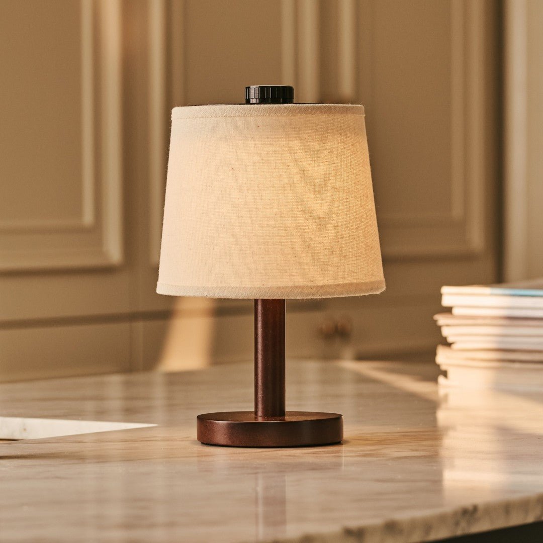 Tavellio-Amsterdam - Rover donkerbruine houten lamp – oplaadbare, draadloze en dimbare lampenkap