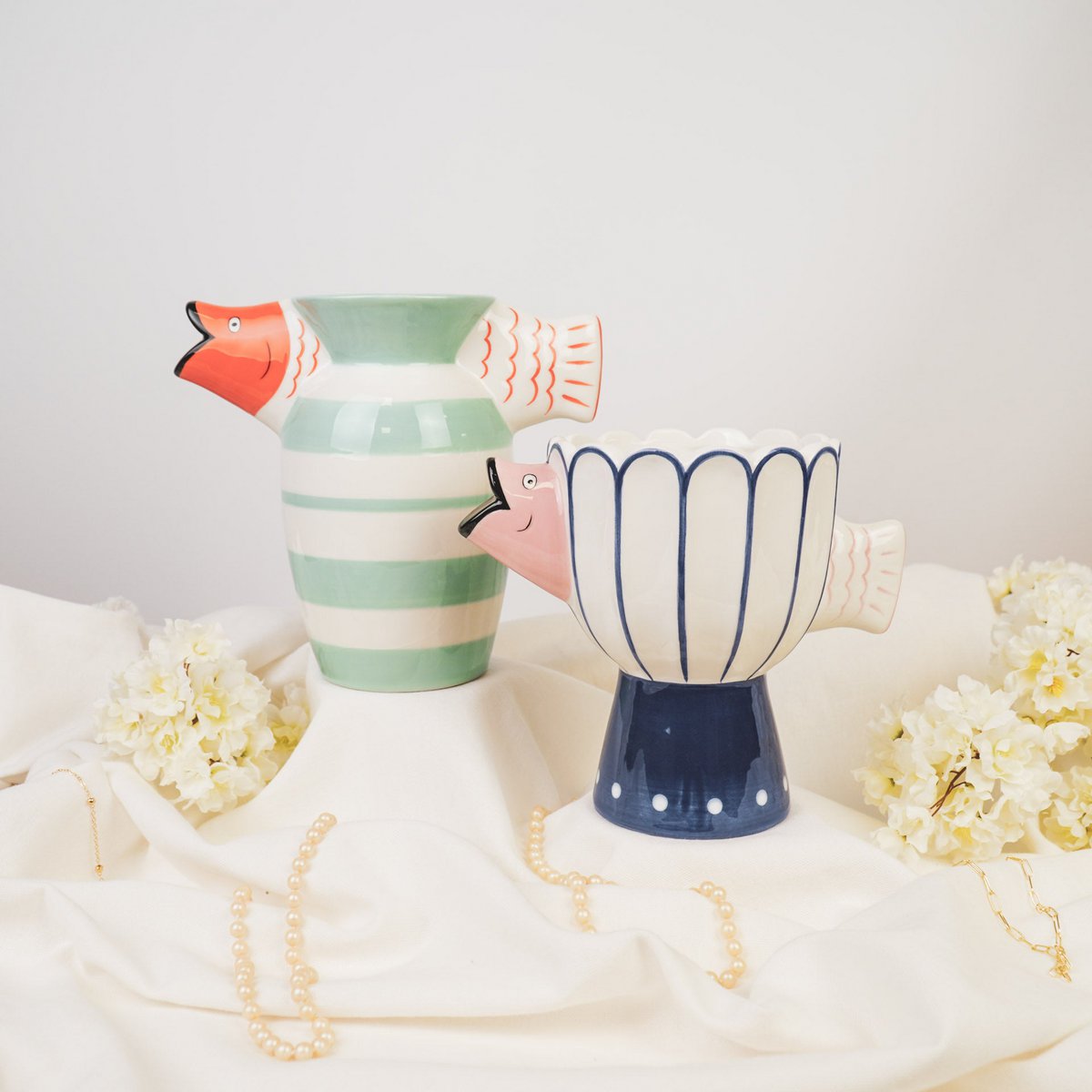 Housevitamin - Vaas - visdolomiet -BLUE/WIT/PINK -21X13.5X18CM