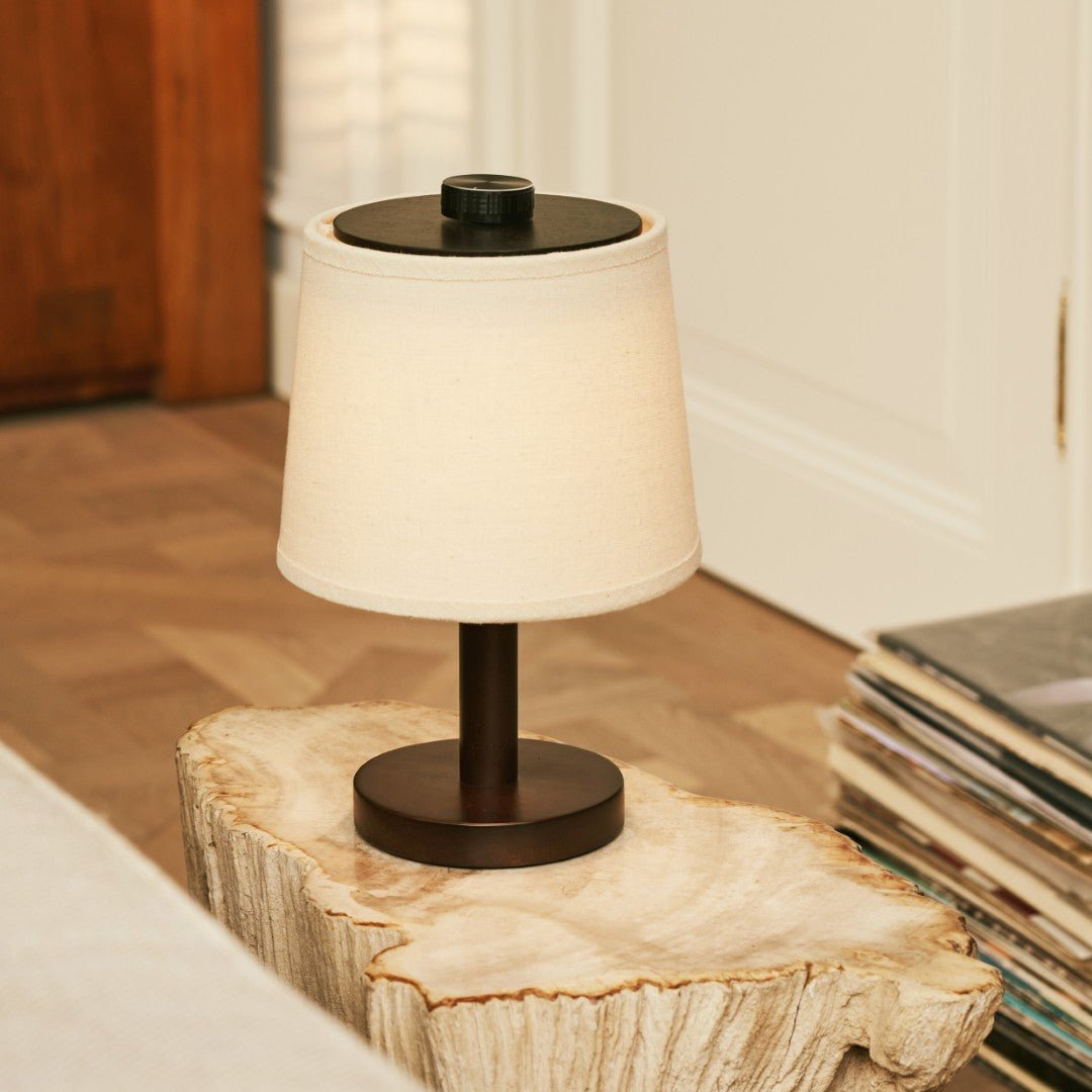 Tavellio-Amsterdam - Rover donkerbruine houten lamp – oplaadbare, draadloze en dimbare lampenkap