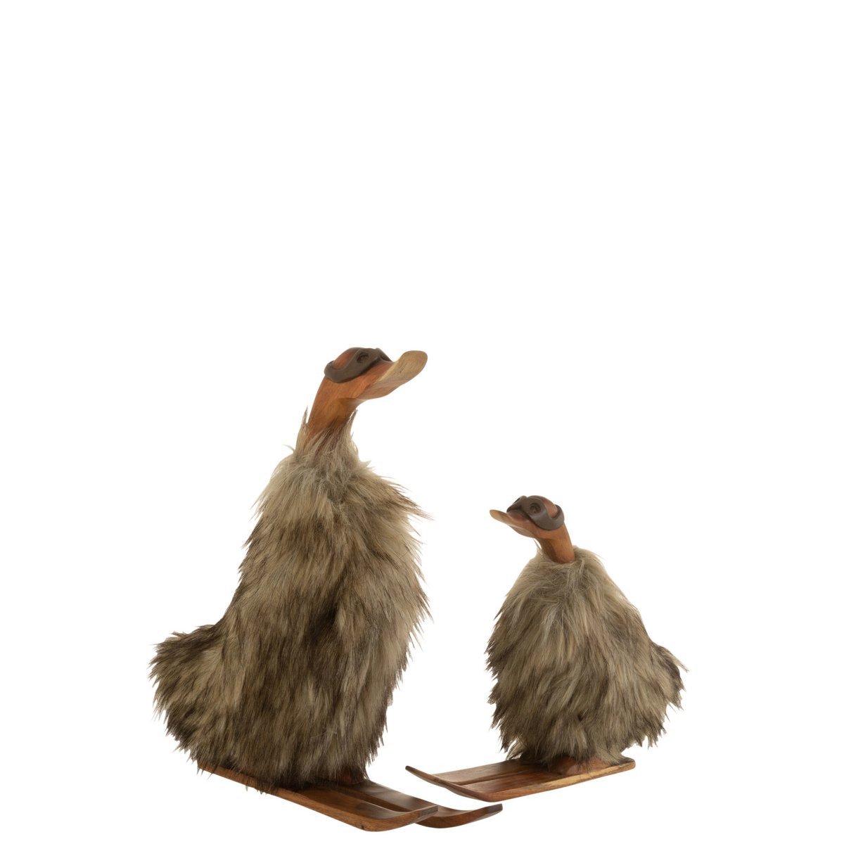 J-Line – Enten-Skifahrer-Dekoration – Skulptur und Figuren – Holz – Braun – Groß