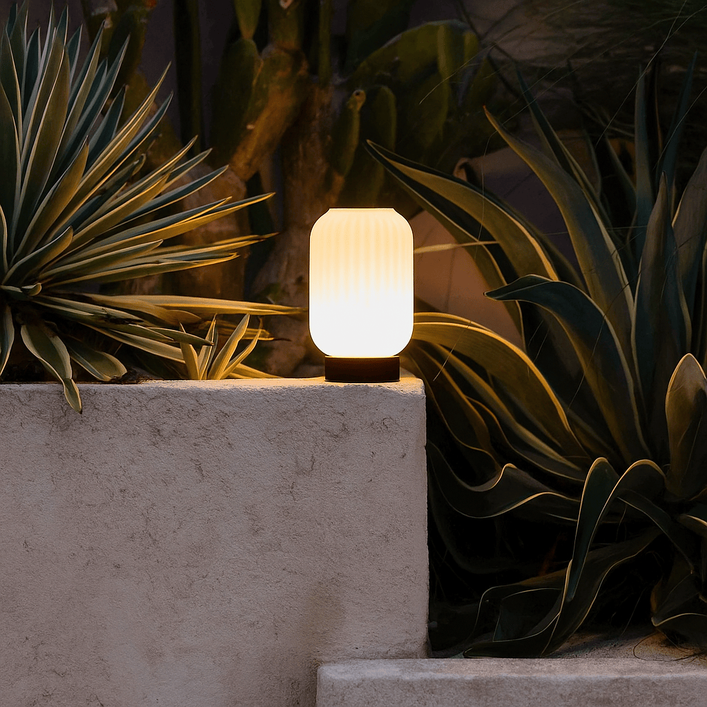 Tavellio-Amsterdam - Lilly donkerbruin unieke oplaadbare lamp - matglaslamp, houten basis, dimable, 3 lichte modi