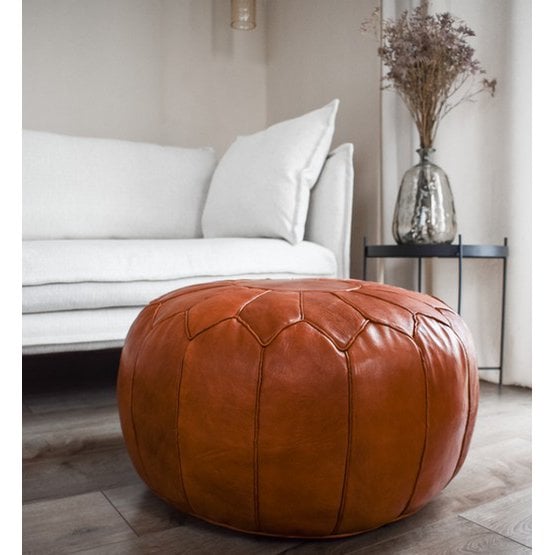 Poufs & Pillows - Leren poef - cognac glanzend (XL) - gevuld geleverd