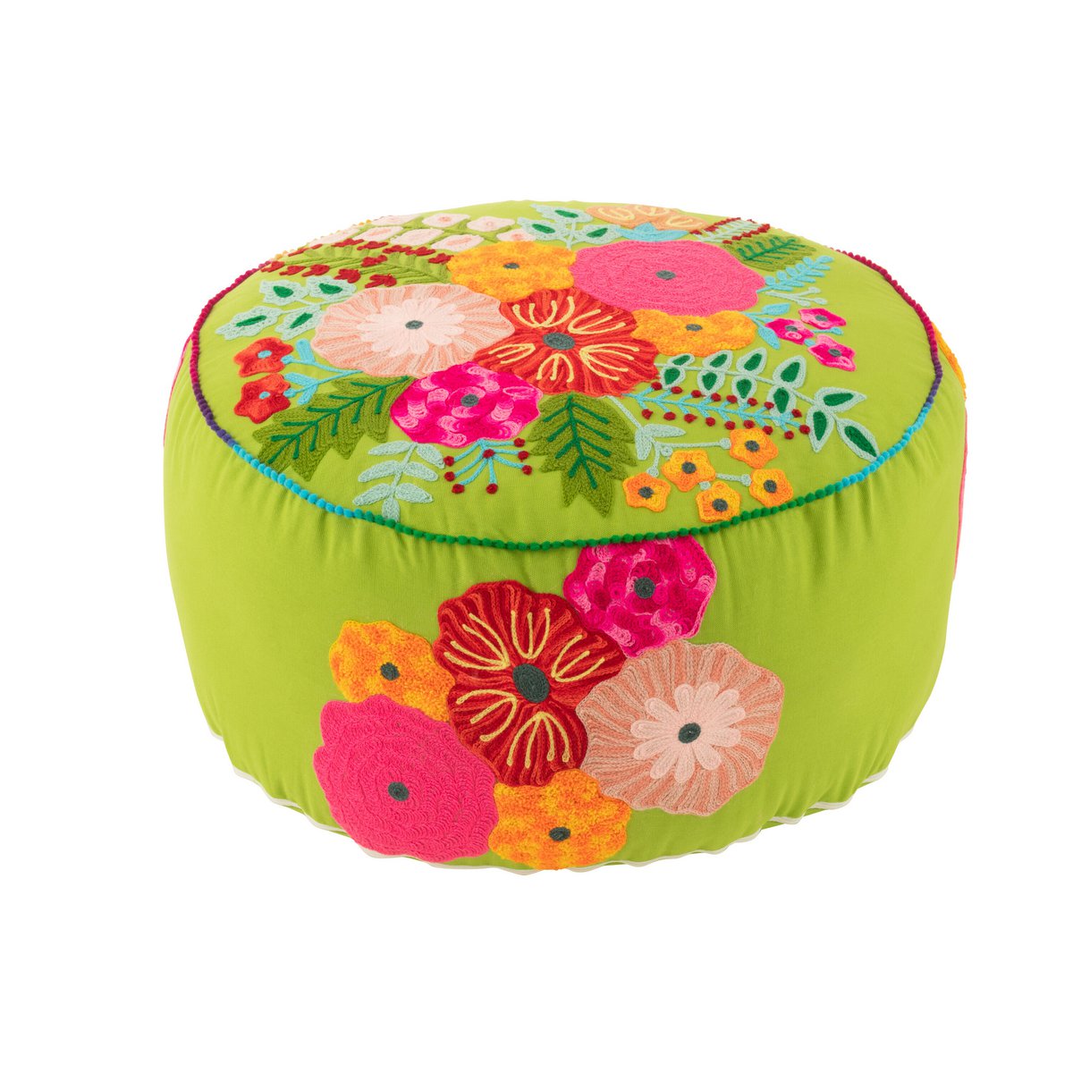 J-Line - Poef Rond Bloemen Geborduurd Katoen/Polyester Groen