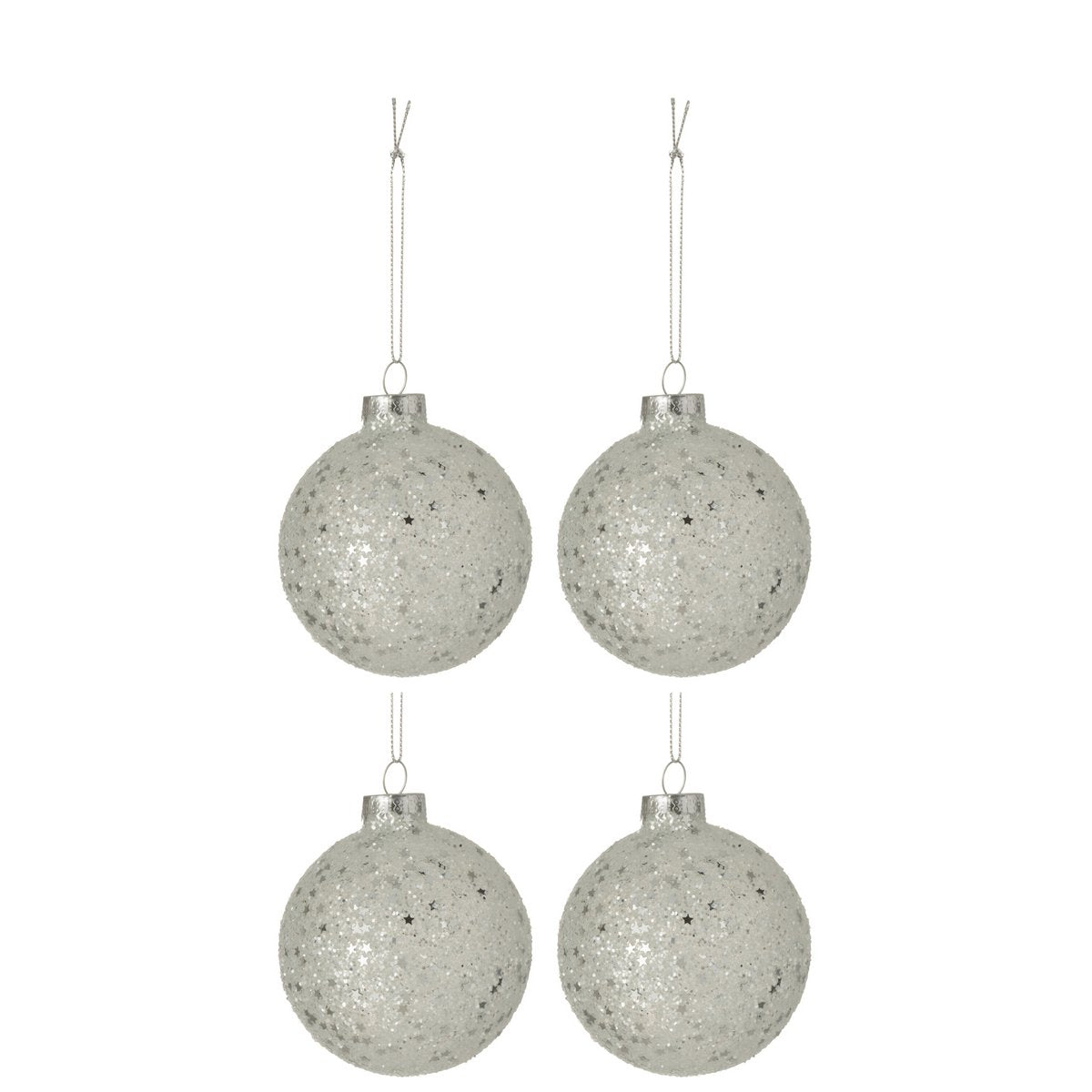 J-Line - Doos met kerstballen 'Sterretjes' (Maat M, Set van 4, Zilver)