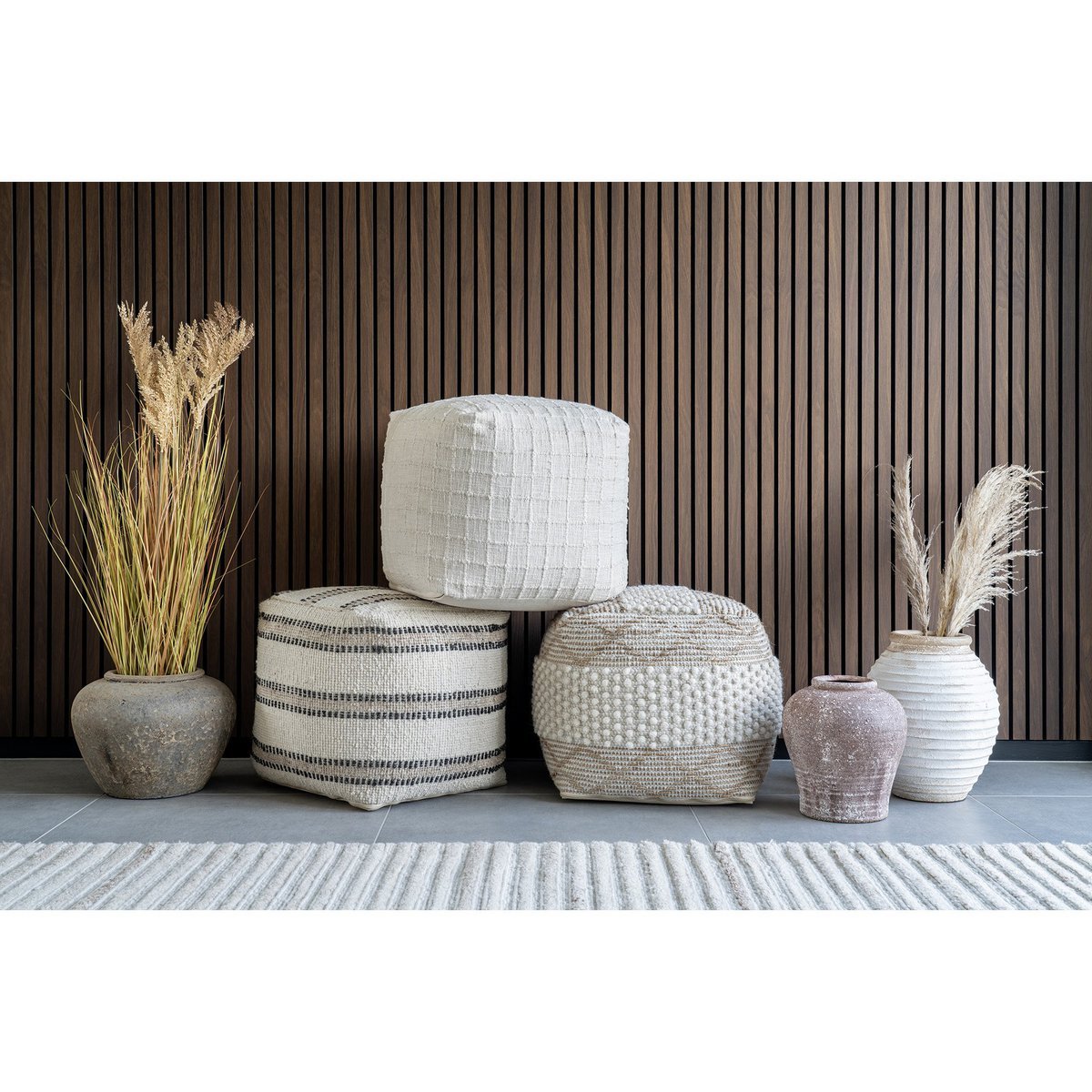 House Nordic - Bally Pouf - Poef, handgeweven, ivoor/houtskool, 40x40x40 cm