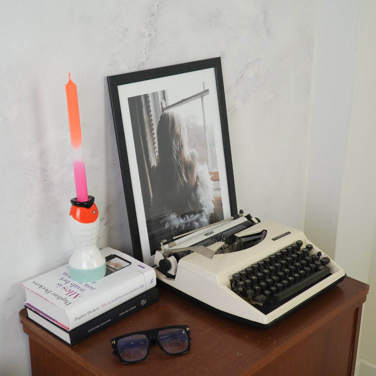 Housevitamin - Kandelaar - Vis - Mint/Wit/Oranje - 7x7x16,5 cm