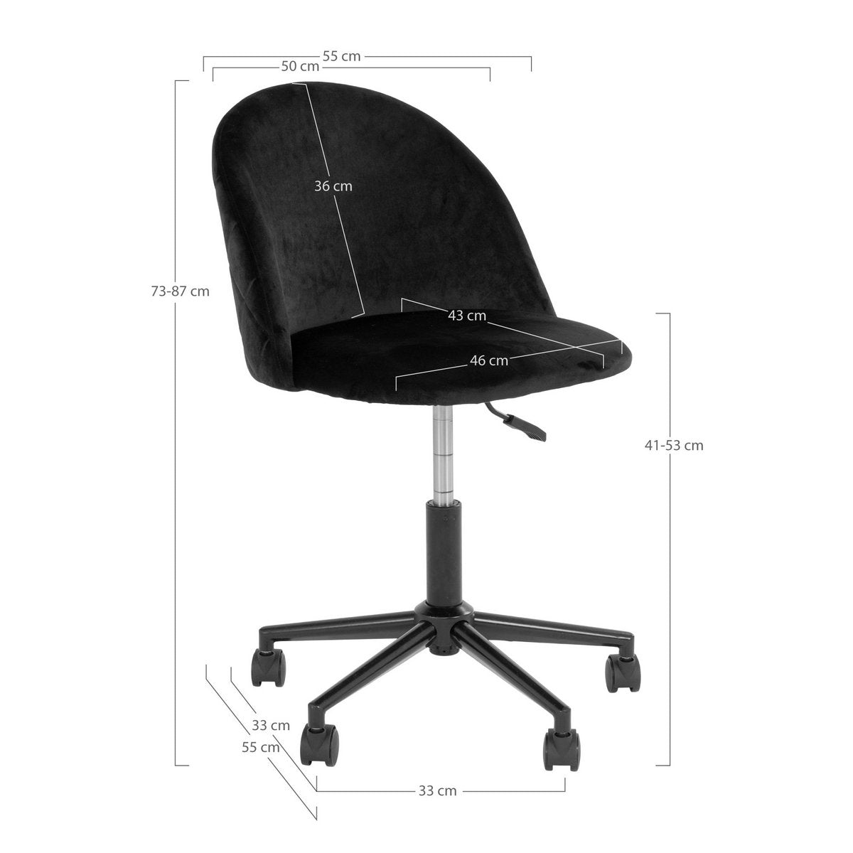 House Nordic - Geneve Office Chair - Bureaustoel in fluweel, zwart met zwarte poten, HN1207