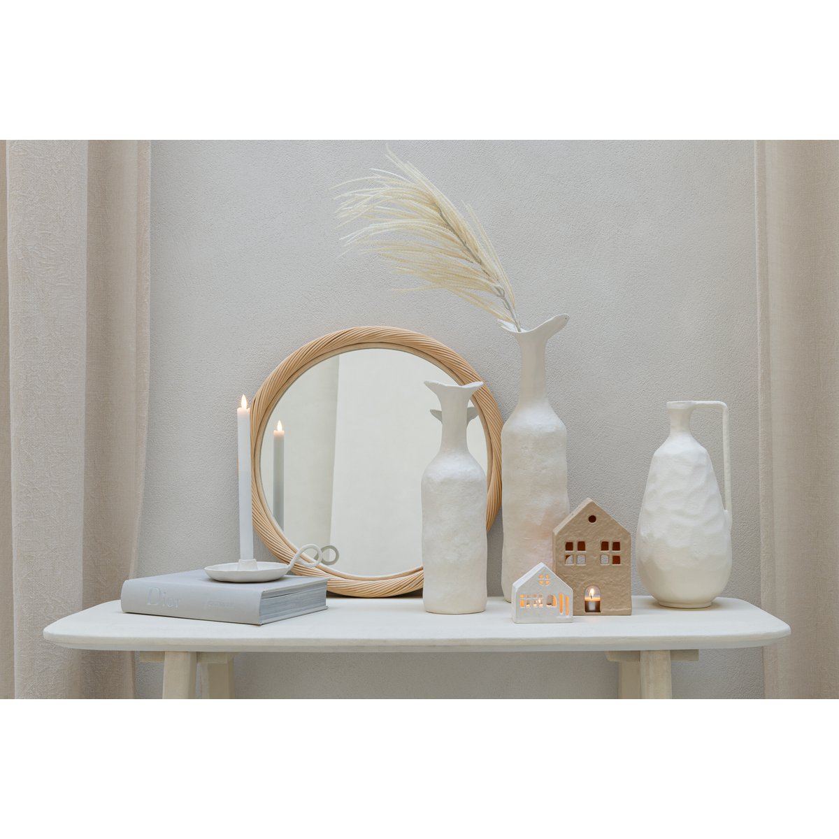 J-Line - Wandspiegel Rond Rotan/Glas Naturel Medium