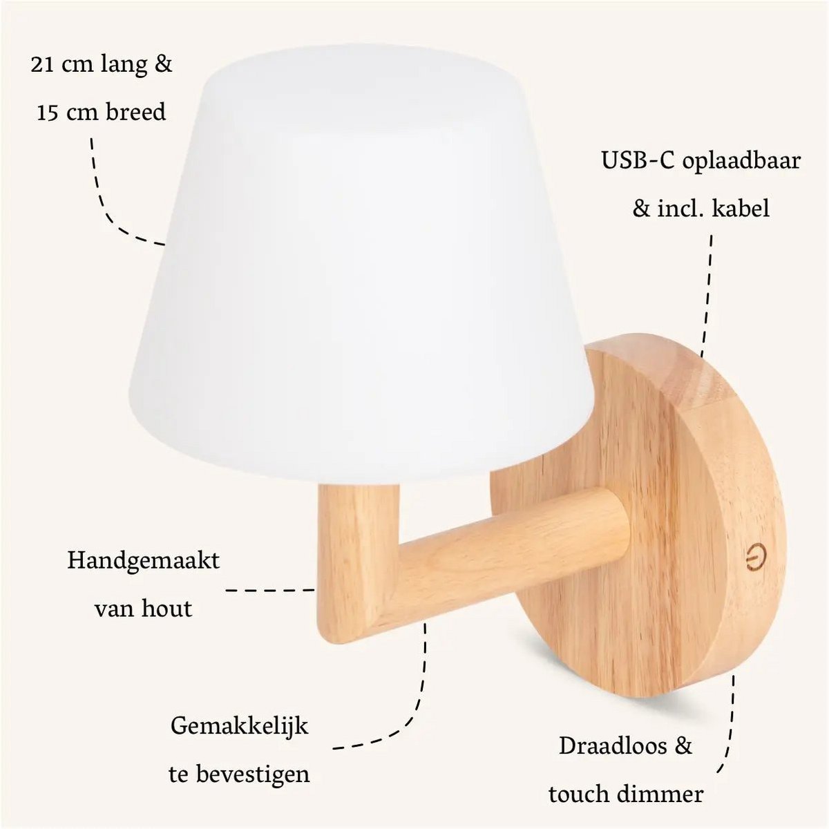 Tavellio-Amsterdam - Ted lichtbruin houten oplaadbare wandlamp | Draadloze en dimbare verlichting