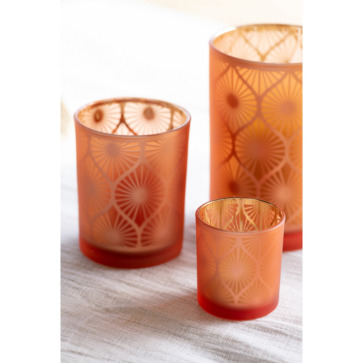 J-Line - Windlicht Ruit Bloemen - Glas - Oranje - Medium