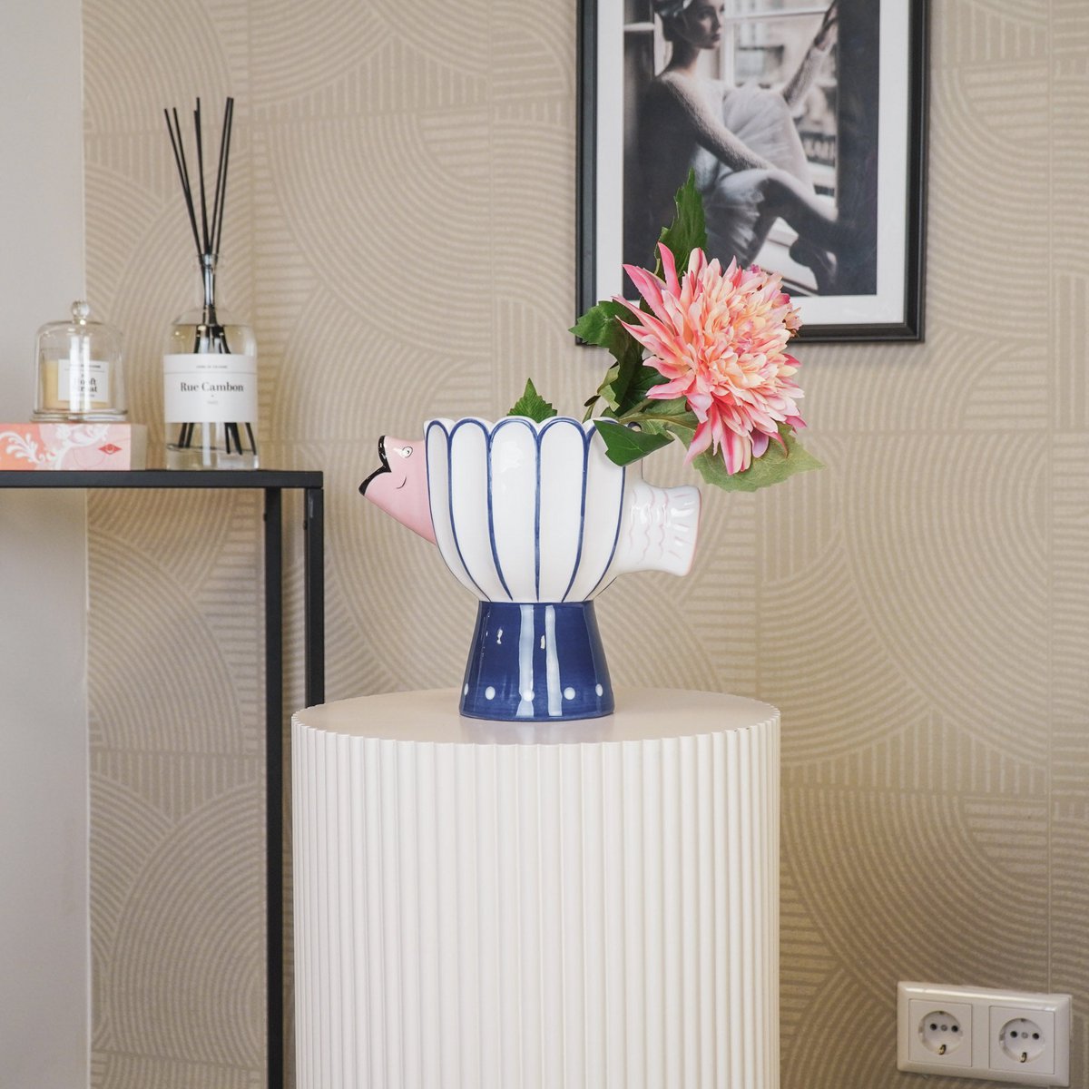 Housevitamin - Vaas - visdolomiet -BLUE/WIT/PINK -21X13.5X18CM