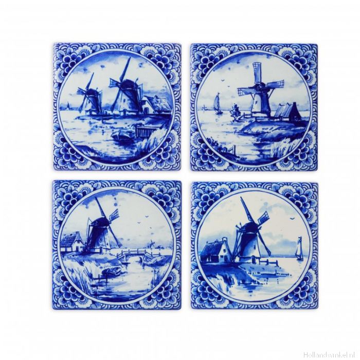 Heinen Delfts Blauw - Onderzetters 'Molens' (Set van 4)