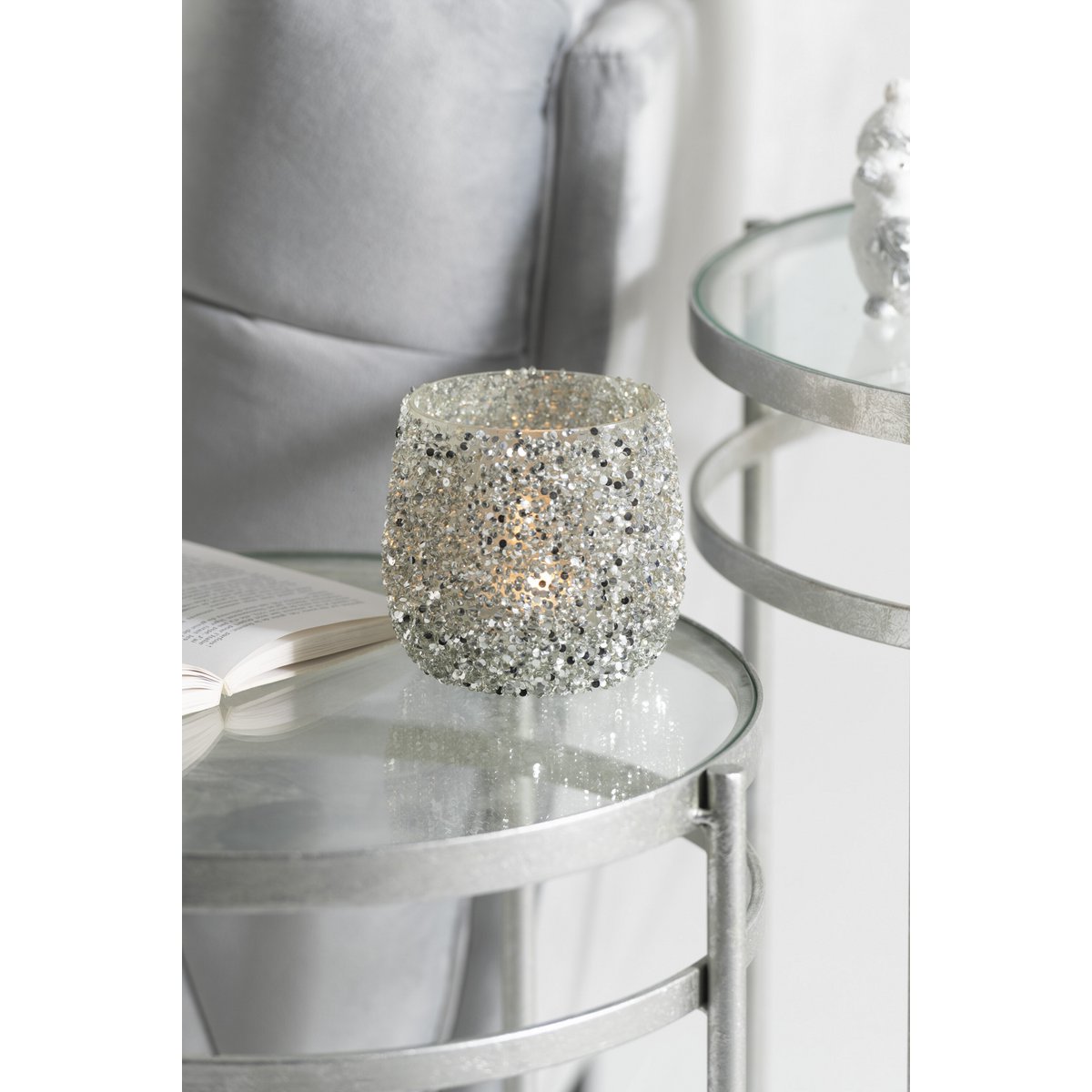 J-Line - Waxinelichthouder Glitter - Glas - Zilver - Small