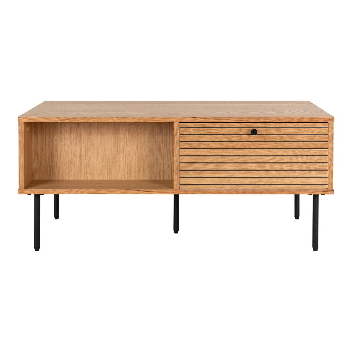 House Nordic - Kyoto Coffee Table - Salontafel, eikenfineer, zwart metalen poten, 2 laden, 50x100x45 cm