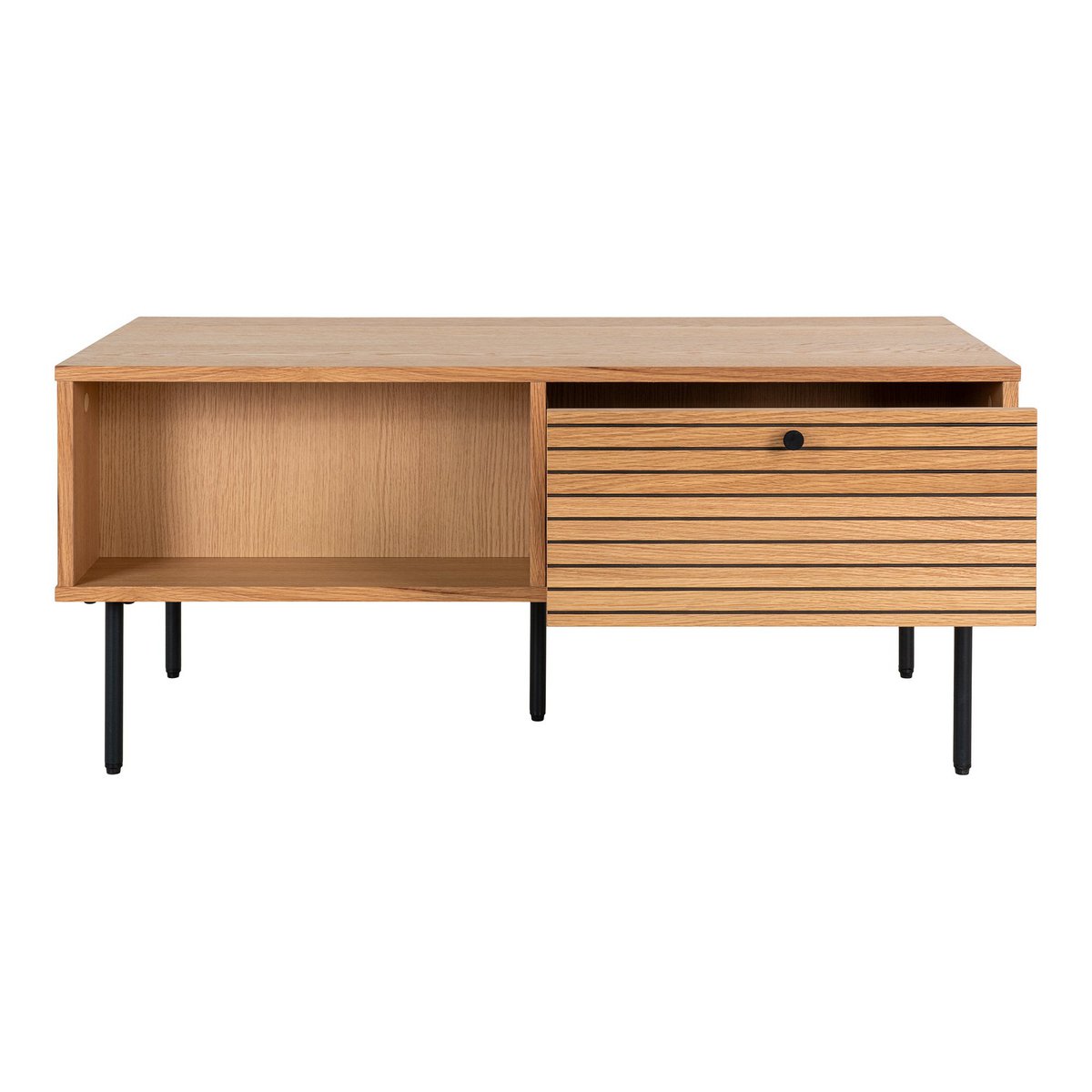 House Nordic - Kyoto Coffee Table - Salontafel, eikenfineer, zwart metalen poten, 2 laden, 50x100x45 cm