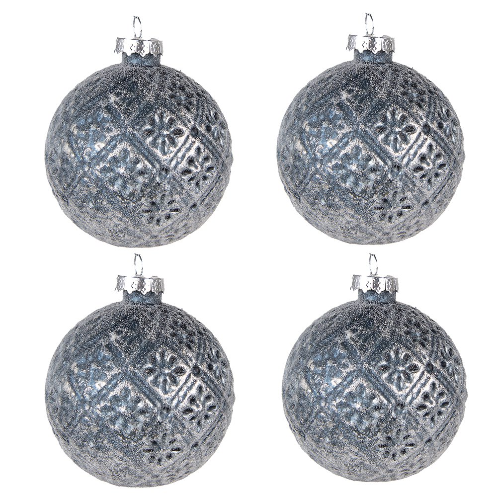 Clayre & Eef - Kerstbal Set van 4 Blauw, Glas (4) Ø 8x8 cm