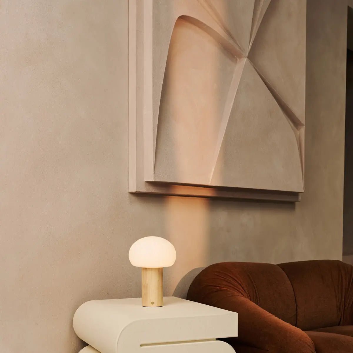 Tavellio-Amsterdam - Sam lichtbruine houten tafellamp met glas en oplaadbare batterij | Dimbare en veelzijdige verlichting