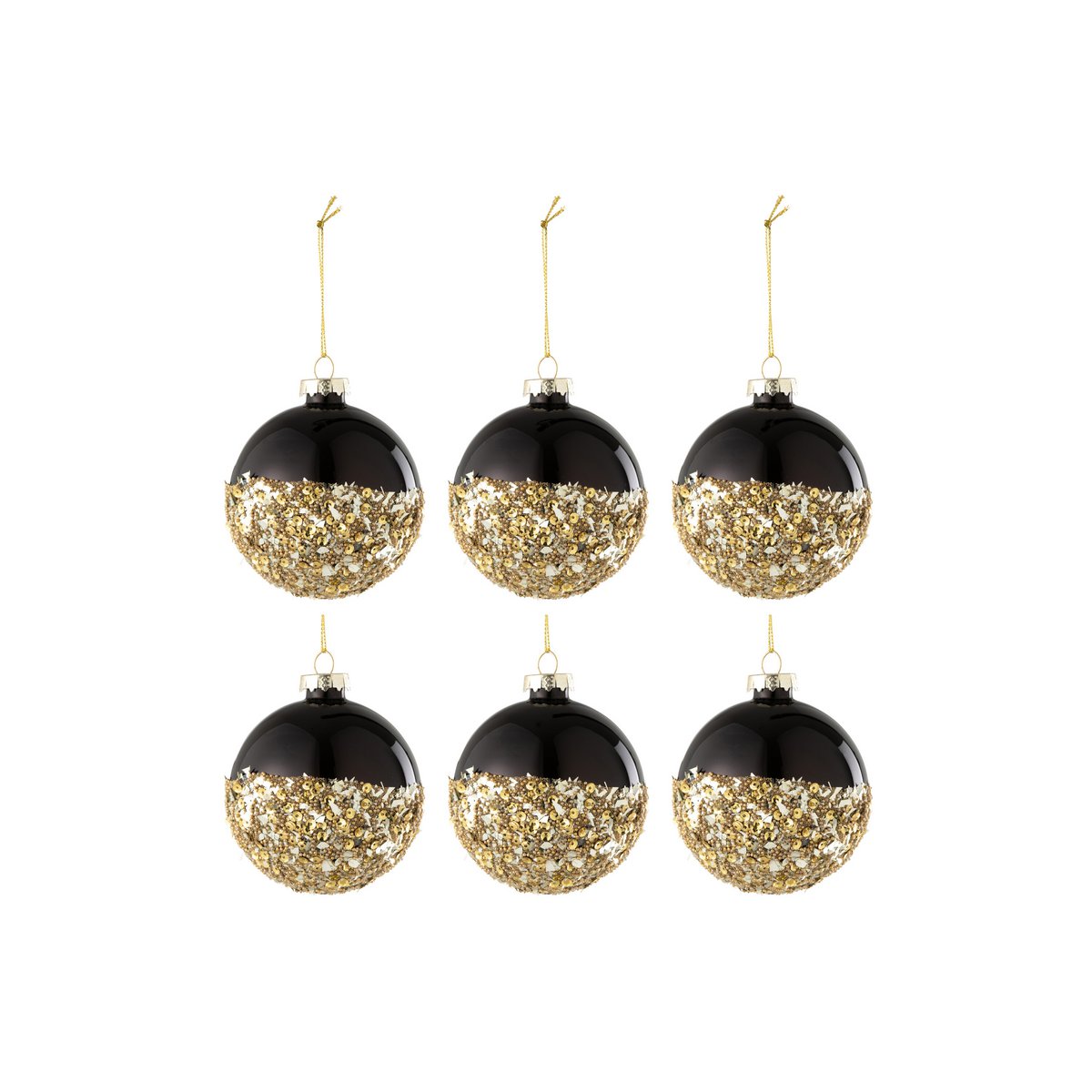 J-Line - Doos met kerstballen 'Pailletten' (Set van 6, Zwart met goud)