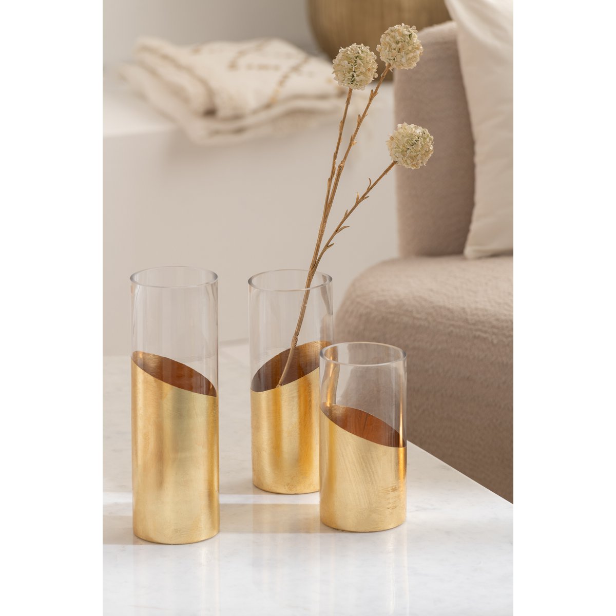 J-Line - Windlicht Moa Glas Transparant/Goud Medium