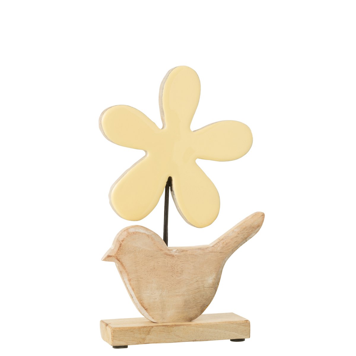 J-Line - Decoratie Vogel Met Bloem - Hout - Geel - Large