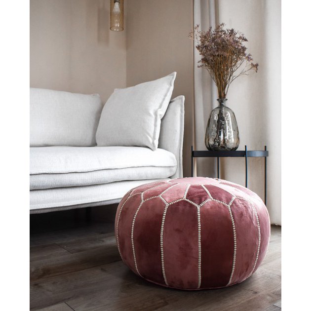 Poefs & Pillows - Fluwelen poef - roze - gevuld geleverd