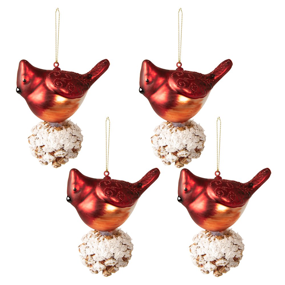 Clayre & Eef - Kerstbal Set van 4 Rood Wit, Glas (4) 11x6x11 cm