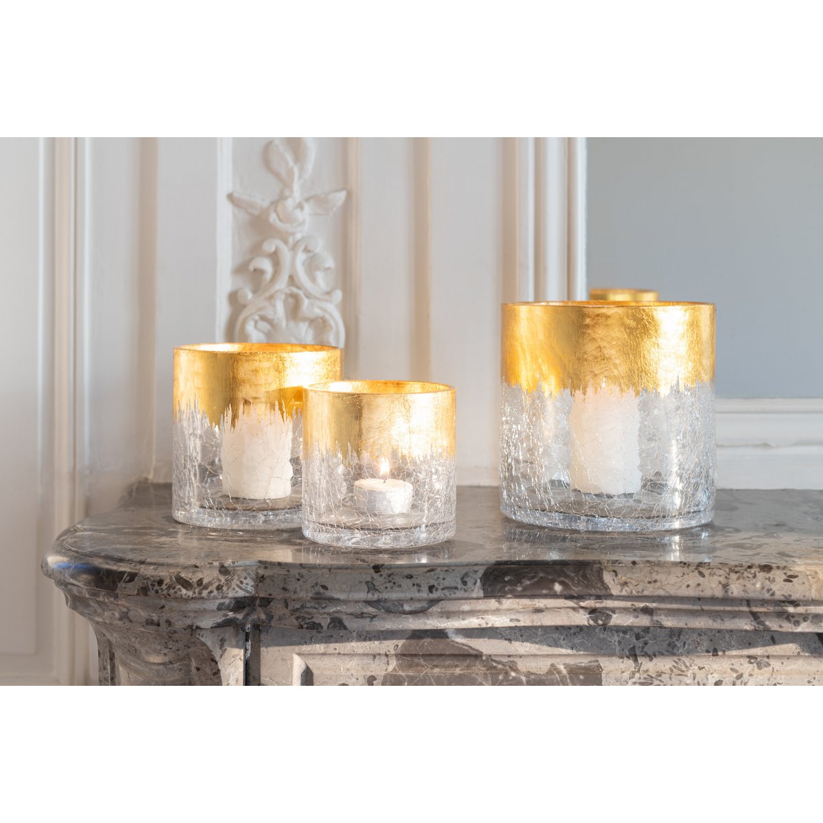 J-Line - Windlicht Crackle Glas Transparant Goud Medium