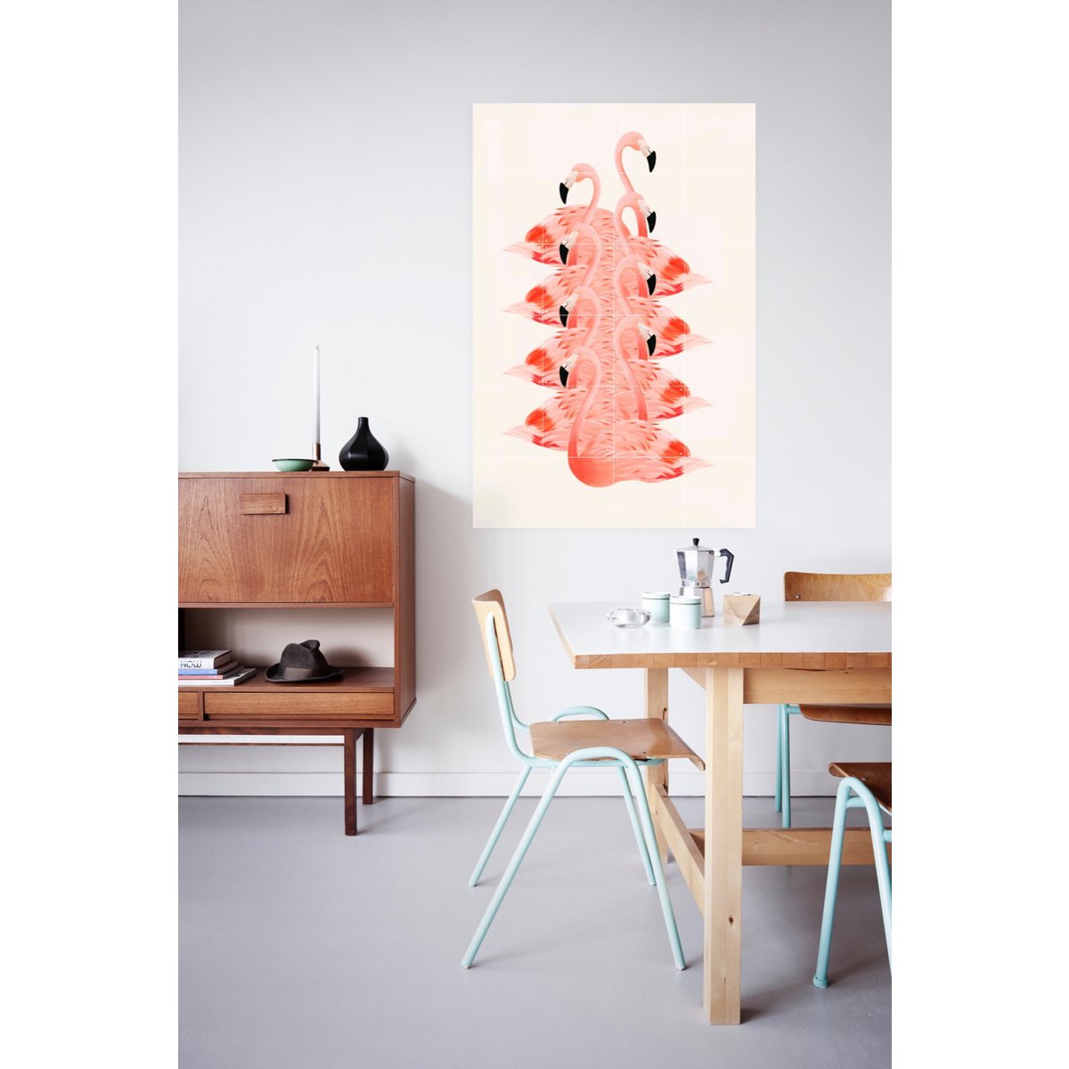 IXXI - Opgestapelde flamingo's Wall art - Poster - Wanddecoratie - S - grey, orange