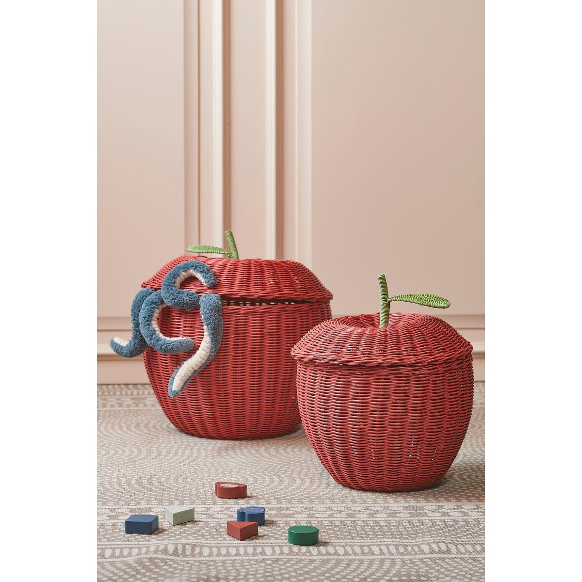 Mica Decorations - Opbergmand met Deksel - Set van 2 - H48 x Ø30 cm - Rotan - Rood