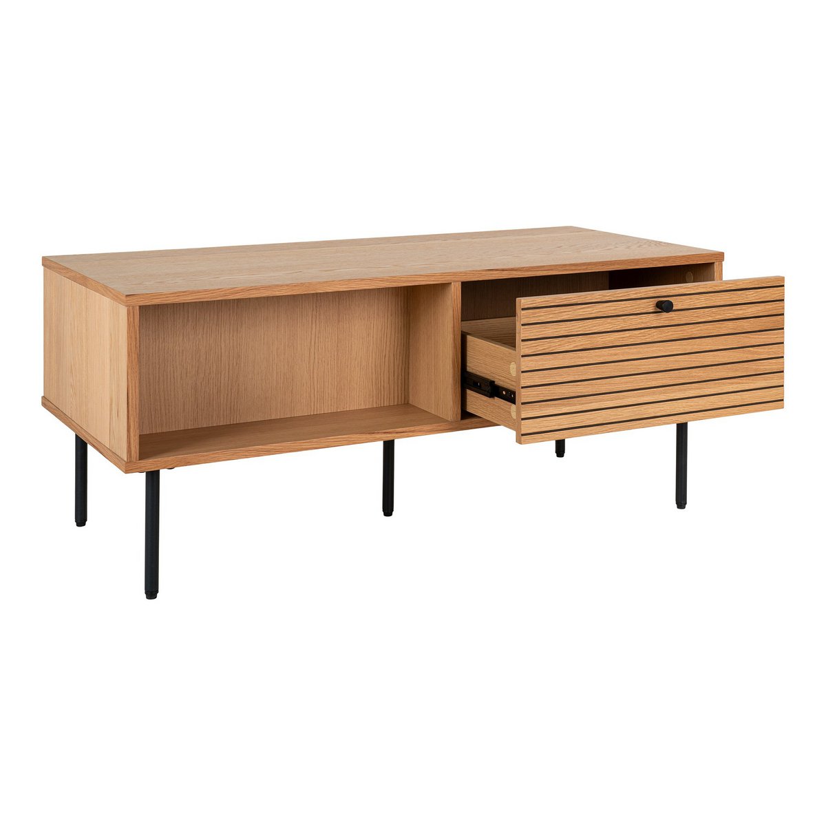 House Nordic - Kyoto Coffee Table - Salontafel, eikenfineer, zwart metalen poten, 2 laden, 50x100x45 cm