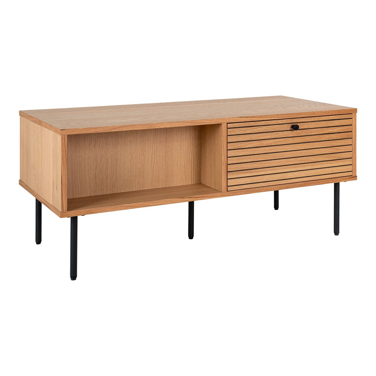 House Nordic - Kyoto Coffee Table - Salontafel, eikenfineer, zwart metalen poten, 2 laden, 50x100x45 cm