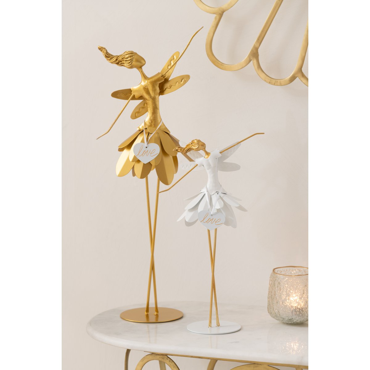 J-Line - Decoratief figuur 'Fee Hart' (Wit/Goud, Maat S)