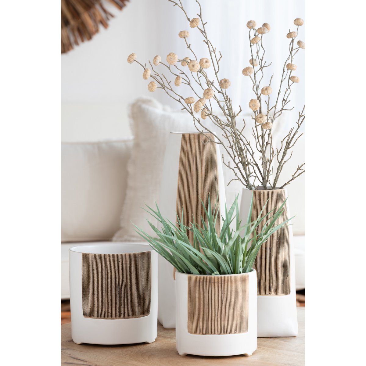 J-Line - Bloempot Ibiza Rond - Keramiek - Wit/Bruin - Small - Ø12.00cm