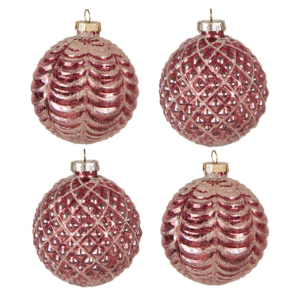 Clayre & Eef - Kerstbal Set van 4 Rood, Glas (4) Ø 8x8 cm