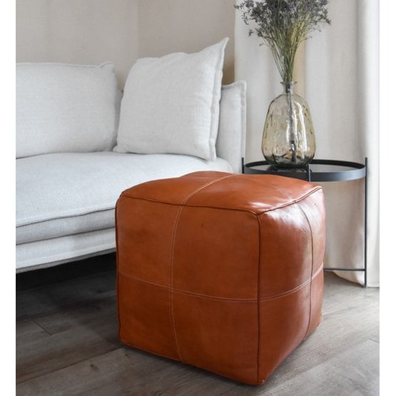 Poufs & Pillows - Leren poef - cognacbruin (modern vierkant) - gevuld geleverd